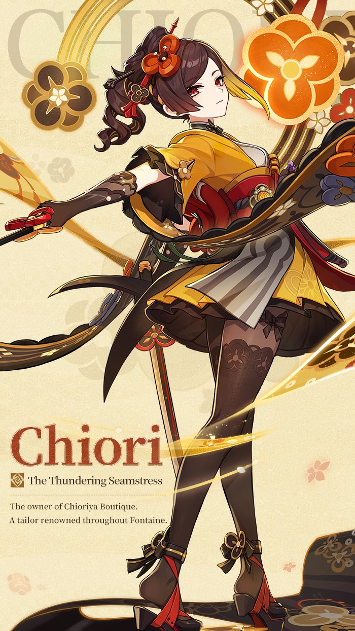 1girl black_bow black_gloves black_pantyhose blonde_hair bow brown_hair chiori_(genshin_impact) colored_inner_hair commentary copyright_name dual_wielding genshin_impact gloves grey_kimono haori highres holding holding_sword holding_weapon japanese_clothes kimono long_hair looking_at_viewer miniskirt multicolored_hair obi official_art open_clothes pantyhose pleated_skirt ponytail purple_lips red_eyes red_sash sash short_sleeves skirt solo sword weapon yellow_skirt