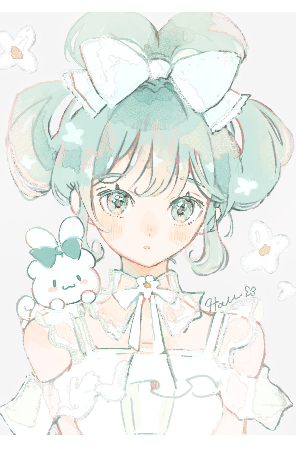 1girl :3 animal_on_shoulder aqua_eyes aqua_hair bare_shoulders blue_bow blue_eyes blush_stickers bow bowtie cinnamiku cinnamoroll closed_mouth collar colored_eyelashes commentary_request detached_collar floral_background flower flower_brooch frilled_bow frilled_shirt frills grey_background hair_bow hatsune_miku hau_(hausan97) highres letterboxed light_blush looking_at_viewer parted_lips sanrio see-through see-through_sleeves shirt short_hair short_sleeves signature simple_background smile solid_oval_eyes solo updo upper_body vocaloid white_bow white_bowtie white_collar white_flower white_shirt white_sleeves