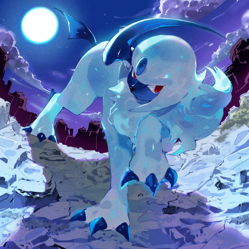 absol aisutabetao claws closed_mouth clouds full_moon horns looking_at_viewer moon night night_sky no_humans outdoors pokemon pokemon_(creature) red_eyes shadow single_horn sky tail white_fur