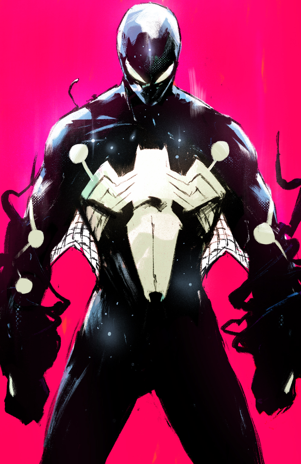 1boy alternate_costume animal_print aura black_bodysuit bodysuit chun_lo clenched_hand cowboy_shot facing_viewer head_down highres male_focus marvel mask pink_background solid_eyes solo spider-man spider-man_(series) spider_print superhero_costume symbiote tentacles webbing