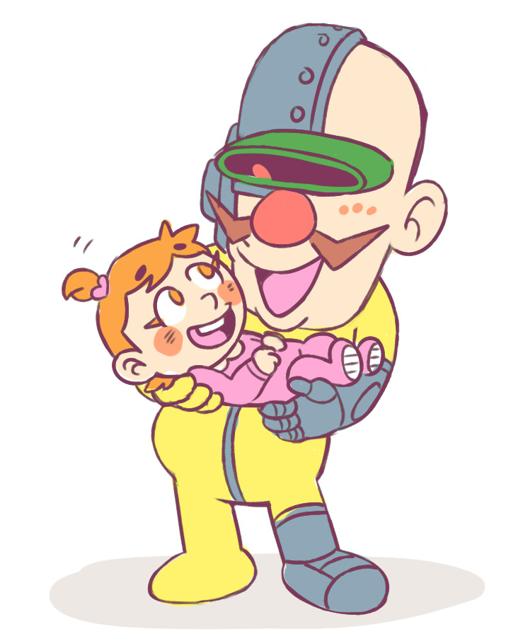 1boy 1girl artist_request baby bald blush bodysuit cyborg dr._crygor facial_hair holding holding_baby open_mouth orange_hair pale_skin penny_crygor visor warioware white_background