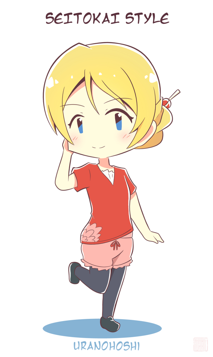 1girl ayase_eli black_pantyhose blonde_hair blue_eyes blush chibi chibi_only closed_mouth full_body hair_ornament hairpin looking_at_viewer love_live! love_live!_school_idol_project love_live!_sunshine!! medium_hair pantyhose parted_bangs pikaotaku pink_shorts red_skirt shorts skirt smile solo standing standing_on_one_leg