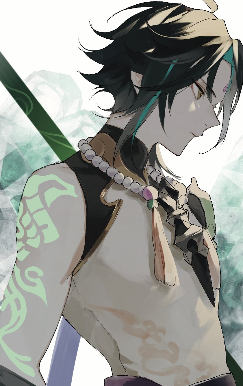 1boy arm_tattoo armor black_hair eyeshadow facial_mark forehead_mark from_side genshin_impact green_hair highres holding holding_polearm holding_weapon jewelry makeup male_focus multicolored_hair necklace pauldrons pearl_necklace polearm red_eyeshadow shirt short_hair shoulder_armor shoulder_tattoo simple_background single_bare_shoulder single_pauldron sleeveless sleeveless_shirt solo tattoo upper_body weapon white_background white_shirt xiao_(genshin_impact) yellow_eyes zuu_(kyuudo9)