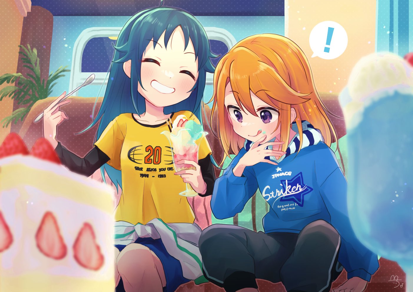 ! 2girls ahoge arm_at_side black_pants black_shirt blue_hoodie blue_shorts blush breasts cake child chobota clenched_teeth closed_eyes closed_mouth clothes_writing collarbone commentary_request couch cup dessert dot_nose eating feet_out_of_frame fern fingernails food food_on_face fruit green_hair green_trim grin hair_between_eyes hand_up hands_up holding holding_cup holding_food holding_ice_cream holding_spoon hood hood_down hoodie ice_cream idolmaster idolmaster_cinderella_girls idolmaster_cinderella_girls_starlight_stage indoors jacket knees_together_feet_apart licking licking_lips long_hair long_sleeves looking_at_food medium_bangs mint_chocolate multiple_girls nanjo_hikaru official_alternate_costume on_couch orange_hair pants plant pocky shirt shirt_under_shirt shorts signature sitting small_breasts smile spoken_exclamation_mark spoon star_(symbol) straight_hair strawberry strawberry_shortcake sweatpants swept_bangs t-shirt teeth tied_jacket tongue tongue_out undershirt vanilla violet_eyes white_jacket yellow_shirt yuuki_haru