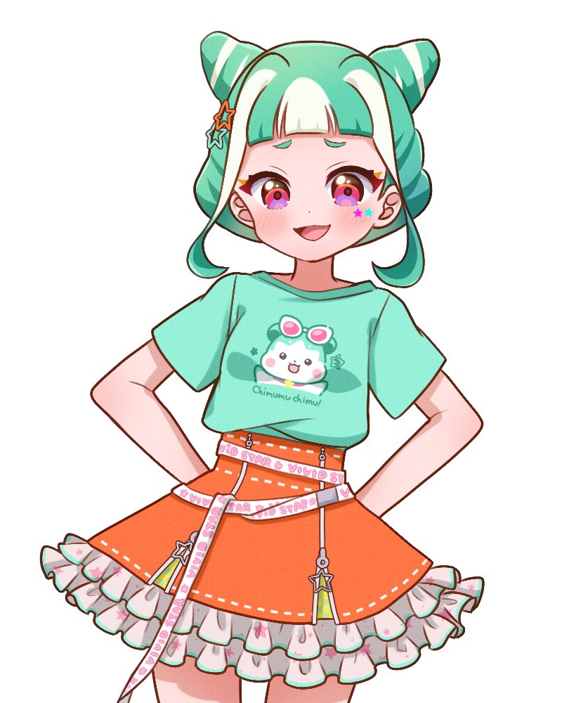 1girl :d animal_print arms_behind_back blunt_bangs character_print chii_(chi_pppuri) chimumu chimumu_(hamster) cowboy_shot double_bun frilled_skirt frills green_hair green_shirt hair_bun hair_ornament looking_at_viewer multicolored_hair open_mouth orange_skirt pink_eyes pretty_series print_shirt shirt short_hair short_sleeves sidelocks simple_background skirt smile solo standing star_(symbol) star_hair_ornament streaked_hair t-shirt waccha_primagi! white_background white_hair