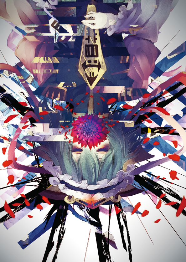 1girl abstract_background black_headwear black_vest closed_eyes commentary_request epaulettes flower frilled_hat frills glitch green_hair hair_between_eyes hat holding long_sleeves medium_bangs mirimo petals red_flower rod_of_remorse shiki_eiki shirt short_hair solo touhou upside-down vest white_background white_shirt wide_sleeves
