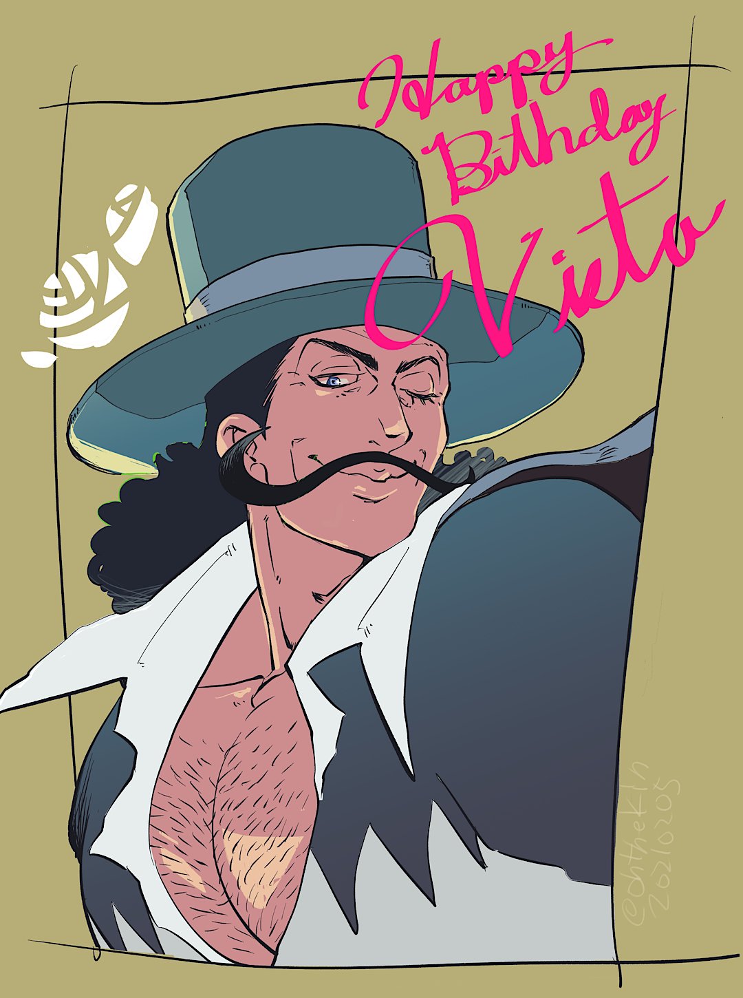 1boy black_hair collared_shirt commentary_request facial_hair green_background happy_birthday hat highres long_hair male_focus mustache ohthekin one_eye_closed one_piece shirt simple_background smile solo upper_body vista_(one_piece)