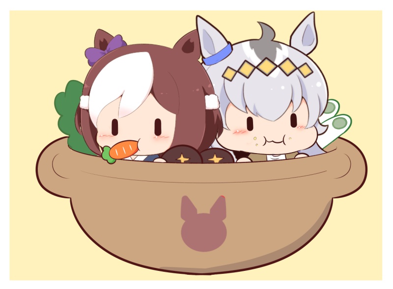 2girls :i ahoge animal_ears blush bow brown_background brown_hair carrot chibi closed_mouth ear_bow eating food food_on_face food_request gomashio_(goma_feet) grey_hair horse_ears in_pot multicolored_hair multiple_girls oguri_cap_(umamusume) purple_bow shirt simple_background special_week_(umamusume) two-tone_hair umamusume wavy_mouth white_hair white_shirt |_|
