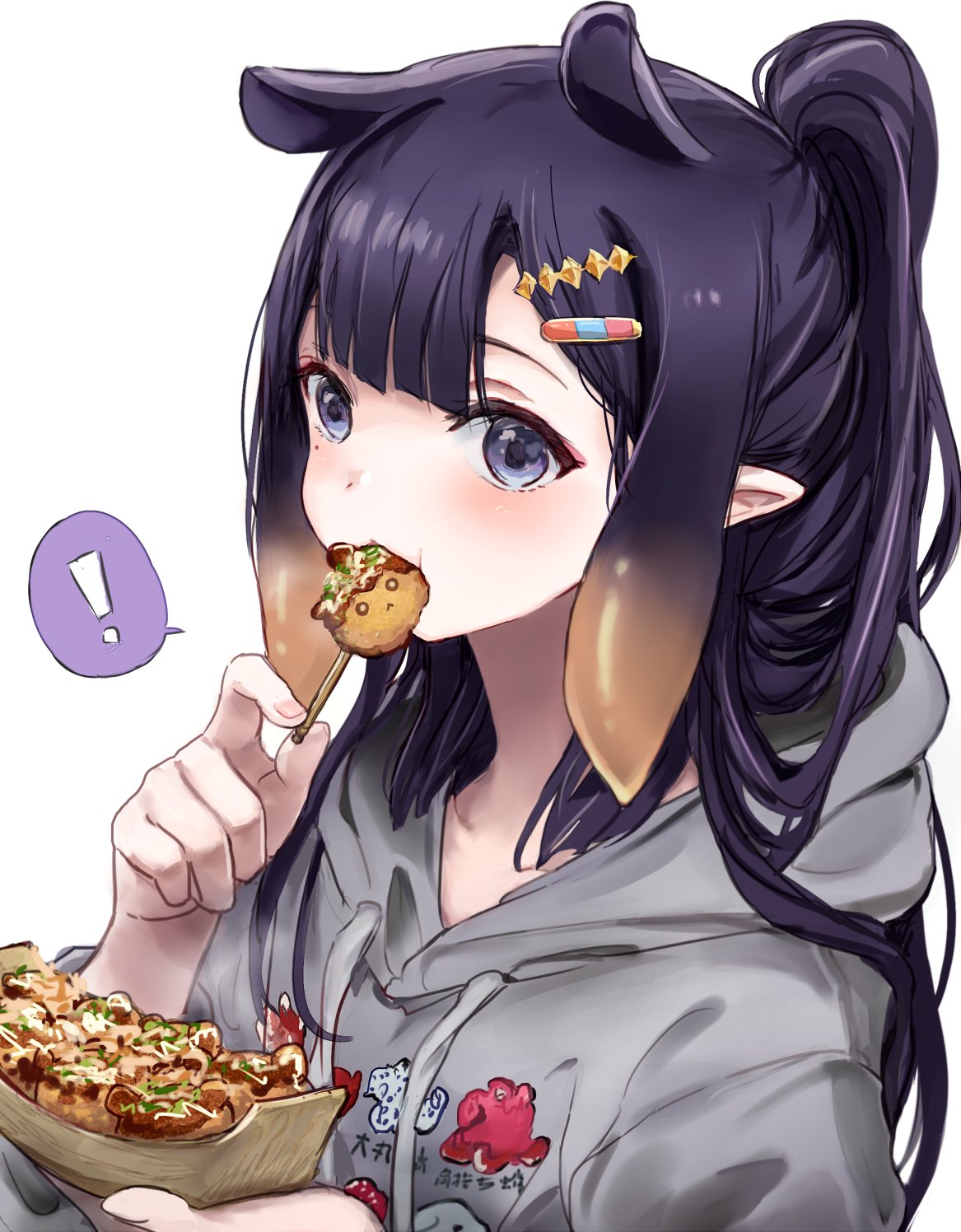 ! 1girl blunt_bangs blush center-flap_bangs commentary double-parted_bangs drawstring eating food food_in_mouth gradient_hair grey_hoodie hair_ornament hairclip hands_up high_ponytail highres holding holding_food hololive hololive_english hood hood_down hoodie long_hair long_sleeves looking_at_viewer mole mole_under_eye multicolored_hair ninomae_ina'nis orange_hair pointy_ears ponytail print_hoodie purple_hair sidelocks simple_background solo speech_bubble spoken_exclamation_mark symbol-only_commentary takoyaki tentacle_hair toothpick upper_body violet_eyes virtual_youtuber white_background yuuyu_(777)