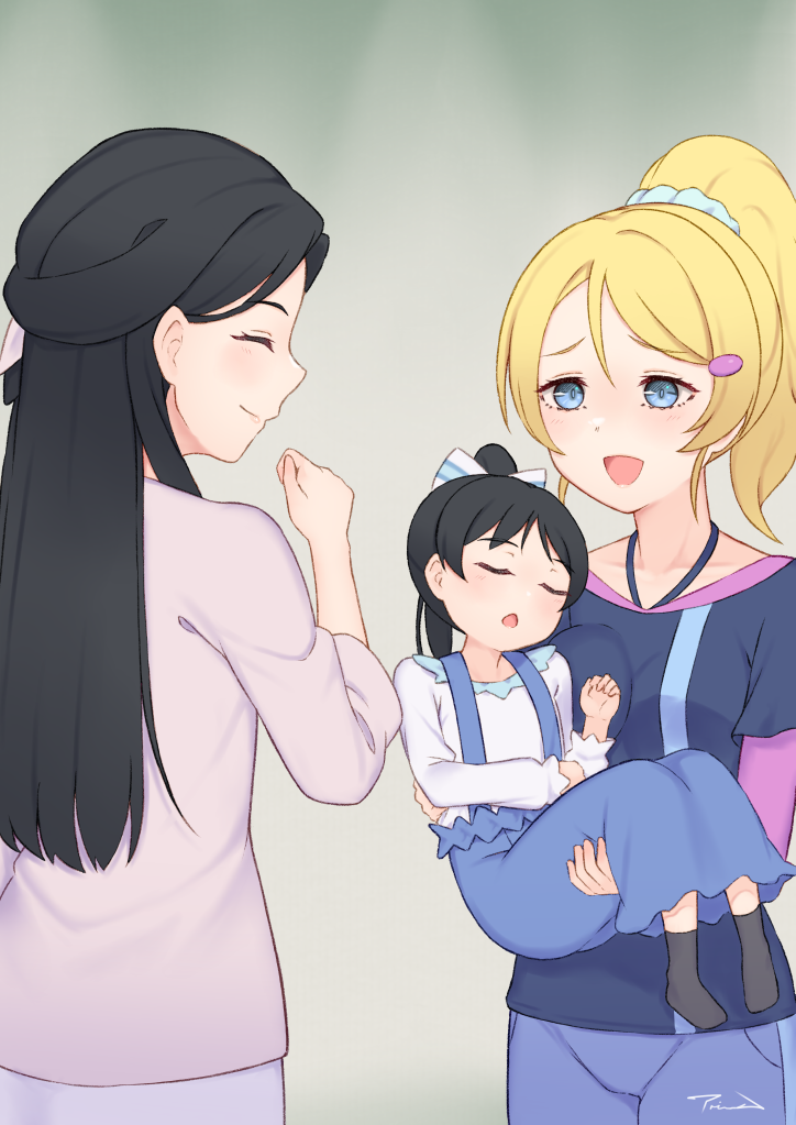 3girls aged_down ayase_eli baby_carry black_hair blonde_hair blue_shirt blush carrying closed_eyes commentary_request hazuki_hana hazuki_ren in-franchise_crossover layered_sleeves long_sleeves love_live! love_live!_superstar!! multiple_girls open_mouth overalls ponytail shirt short_over_long_sleeves short_sleeves sleeping the-prinprince