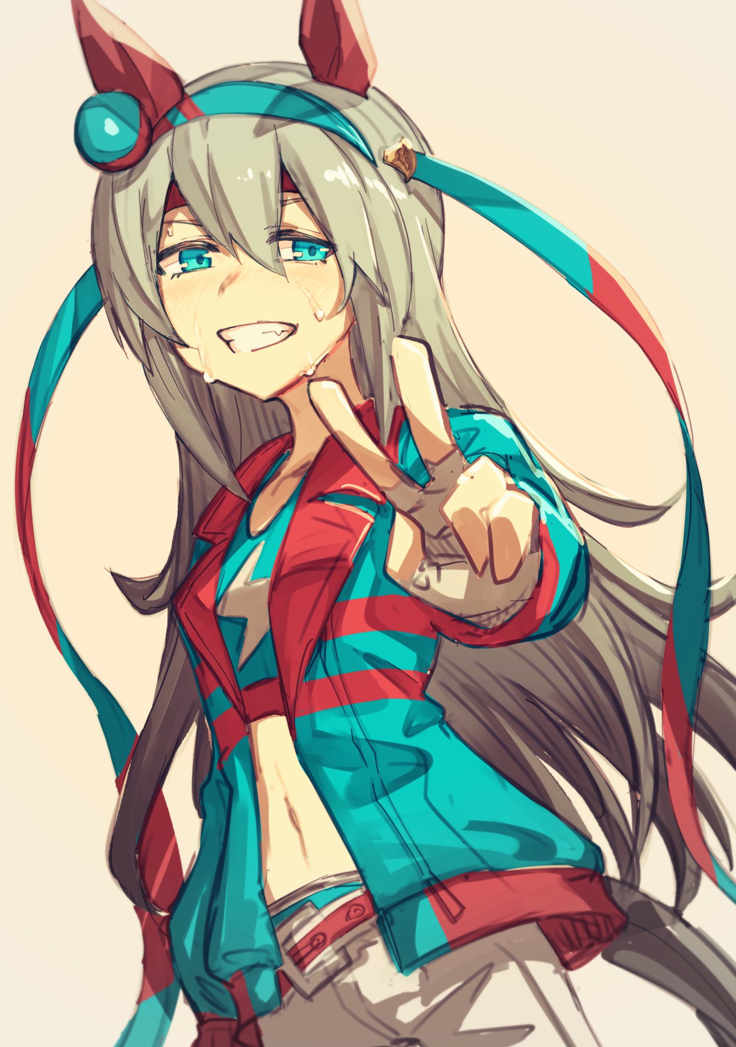 1girl animal_ears aqua_eyes arm_at_side belt breasts crop_top fingerless_gloves gloves grey_hair grin hair_between_eyes hairband headband highres horse_ears horse_girl horse_tail jacket karate_(karatedazey) lightning_bolt_symbol long_sleeves looking_at_viewer midriff navel open_clothes open_jacket outstretched_arm pants reaching small_breasts smile solo sweat tail tamamo_cross_(umamusume) umamusume upper_body v white_gloves white_pants