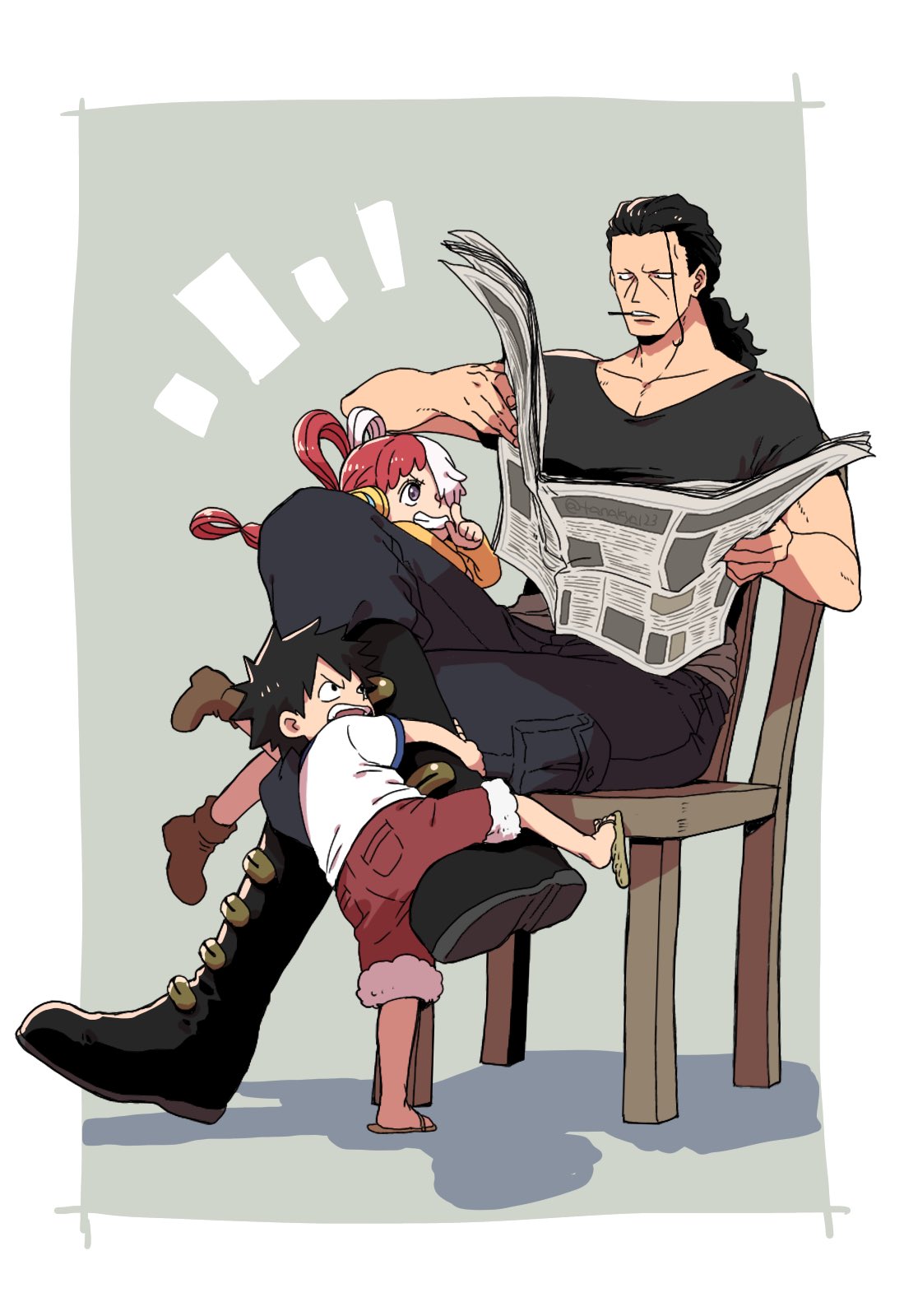 1girl 2boys benn_beckman black_hair boots cigarette commentary_request crossed_legs hair_over_one_eye headphones highres holding holding_newspaper looking_up loose_hair_strand monkey_d._luffy multicolored_hair multiple_boys newspaper one_piece pants red_shorts redhead sandals shirt shorts sitting t-shirt tanaka_(tanakya123) two-tone_hair uta_(one_piece) white_hair