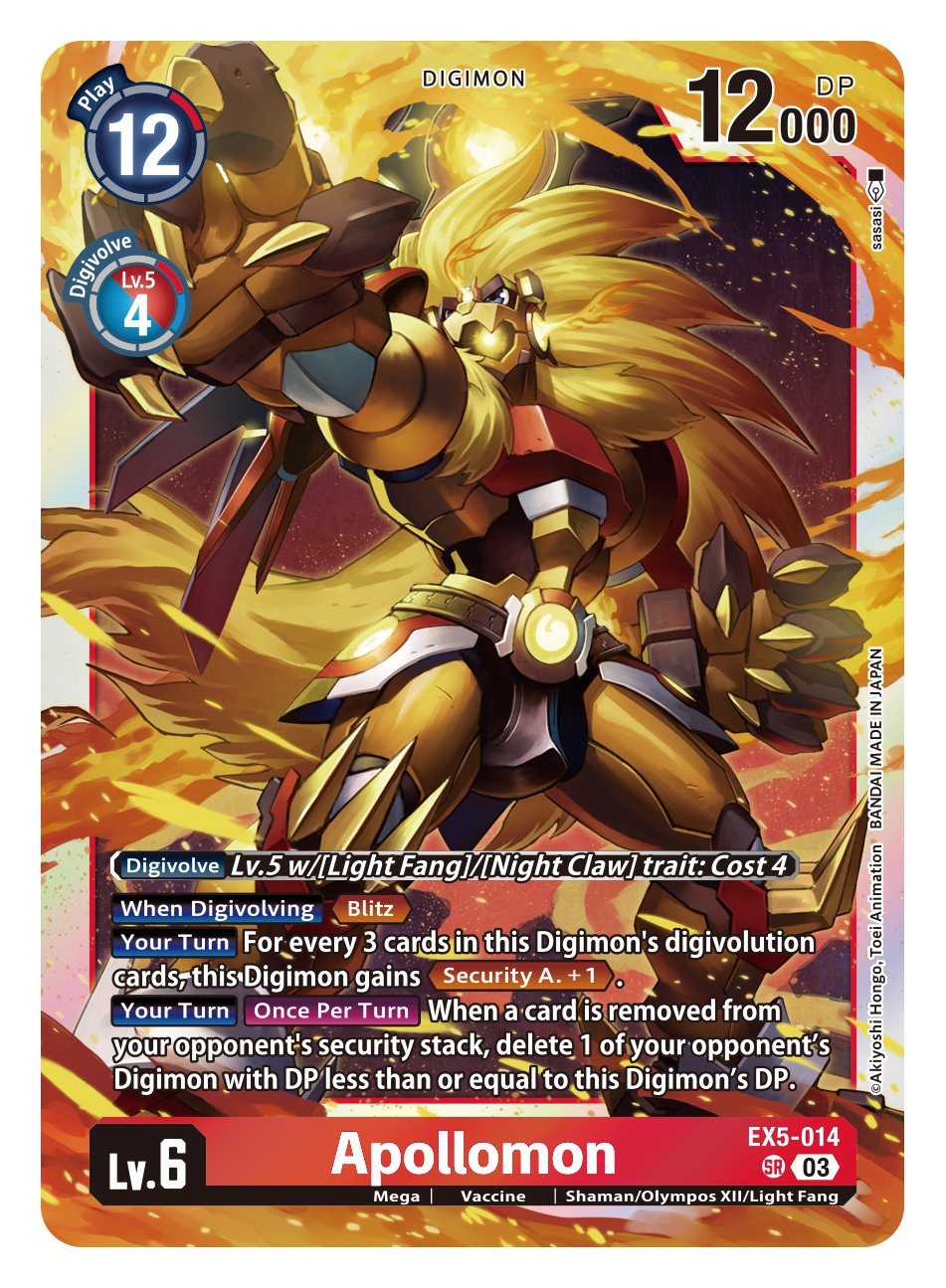 1boy apollomon armor blonde_hair blue_eyes card_(medium) character_name claws company_name copyright_name digimon digimon_(creature) digimon_card_game english_commentary english_text fire furry furry_male highres lion_boy long_hair male_focus official_art second-party_source solo standing very_long_hair