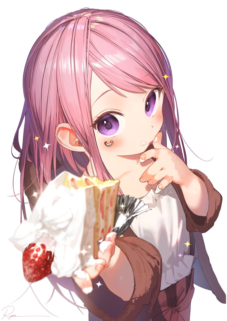 1girl artist_name blush brown_jacket brown_shorts cake cake_slice child closed_mouth eyelid_piercing food food_on_face frills fruit fur-trimmed_jacket fur_trim hands_up highres holding holding_cake holding_food jacket jewelry_bonney long_hair long_sleeves looking_at_viewer one_piece open_clothes open_jacket piercing pink_hair pink_lips ryota_(ry_o_ta) shirt shorts sidelocks simple_background solo sparkle standing strawberry t-shirt violet_eyes white_background white_shirt wide_sleeves
