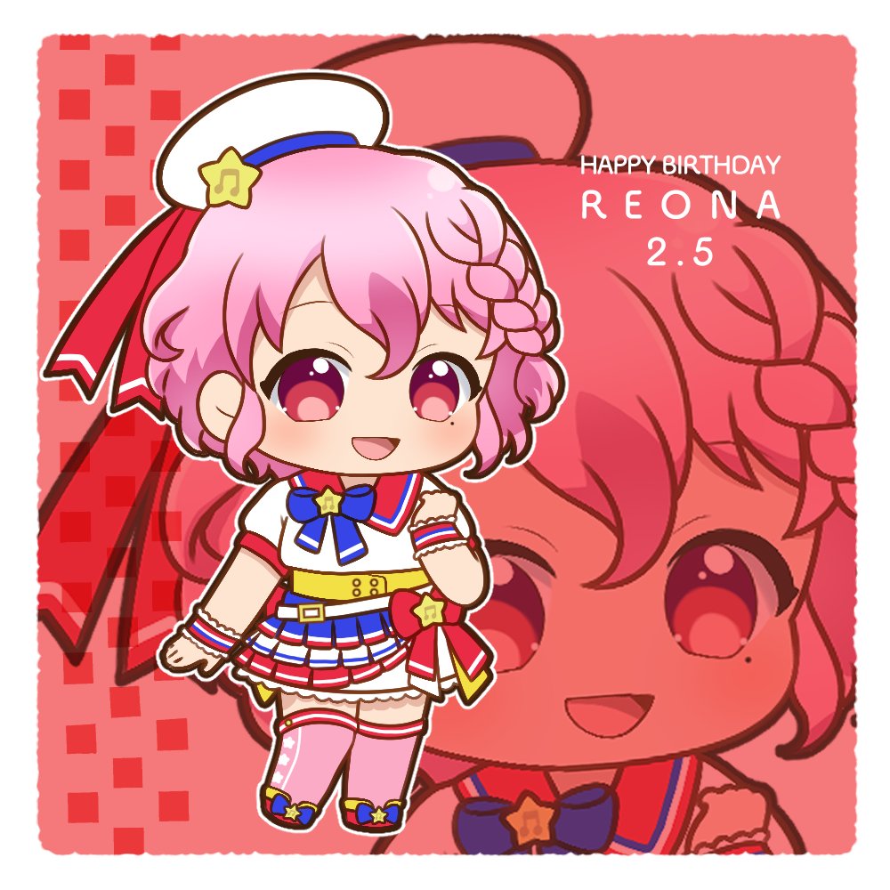 1boy :d blue_ribbon braid character_name chibi chii_(chi_pppuri) crossdressing full_body hand_up happy_birthday hat idol_clothes looking_at_viewer mole mole_under_eye open_mouth otoko_no_ko outline pink_hair pink_thighhighs pleated_skirt pretty_series pripara red_background red_eyes red_footwear red_ribbon red_sailor_collar reona_west ribbon sailor_collar sailor_hat shirt shoes short_hair short_sleeves side_braid skirt smile solo standing star_(symbol) thigh-highs white_headwear white_outline white_shirt wrist_cuffs