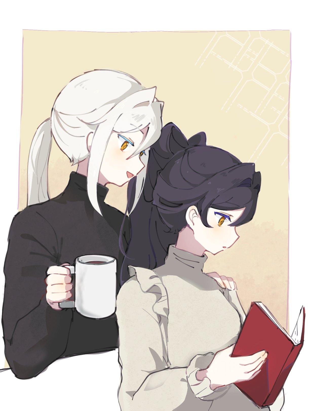 2girls black_hair black_sweater book border brown_background brown_shirt coffee_mug commentary_request cup hair_intakes hand_on_another's_shoulder hao02909434040 highres holding holding_book holding_cup indoors kiratto_pri_chan long_hair long_sleeves luluna_(pri_chan) mug multiple_girls open_mouth orange_eyes ponytail pretty_series reading shirt sidelocks smile solulu sweater turtleneck upper_body white_border white_hair
