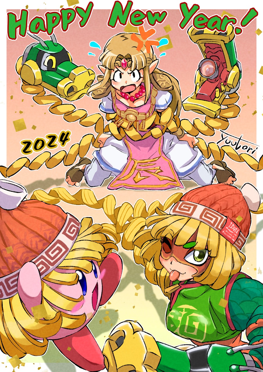 2024 2girls anger_vein arms_(game) blonde_hair blush_stickers bound chinese_zodiac collarbone colored_skin commentary_request copy_ability cosplay domino_mask green_eyes happy_new_year highres kirby kirby_(series) knit_hat looking_at_viewer mask min_min_(arms) min_min_(arms)_(cosplay) multiple_girls one_eye_closed pink_skin pointy_ears princess_zelda signature solid_oval_eyes super_smash_bros. the_legend_of_zelda the_legend_of_zelda:_a_link_between_worlds tied_up_(nonsexual) tongue tongue_out year_of_the_dragon you_bird
