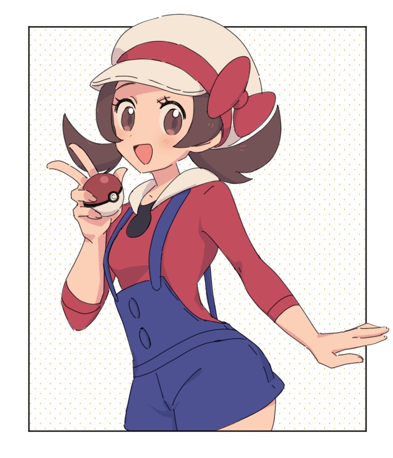 1girl :d blue_overalls bow brown_eyes brown_hair cabbie_hat cowboy_shot hat hat_bow holding holding_poke_ball long_sleeves looking_at_viewer lyra_(pokemon) nm222 open_mouth overalls poke_ball poke_ball_(basic) pokemon pokemon_hgss red_bow red_shirt shirt smile solo twintails white_headwear