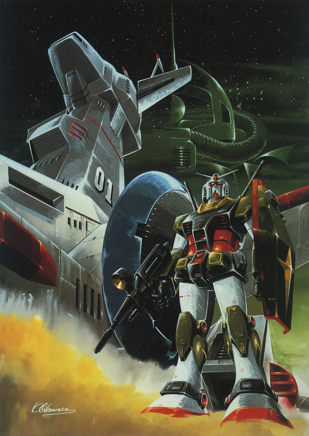 1970s_(style) 1980s_(style) beam_rifle concept_art energy_gun gundam highres looking_at_viewer machinery mecha mobile_suit mobile_suit_gundam no_humans official_art ookawara_kunio painting_(medium) production_art promotional_art retro_artstyle robot rx-78-2 scan science_fiction shield signature spacecraft traditional_media weapon zaku_ii_s_char_custom