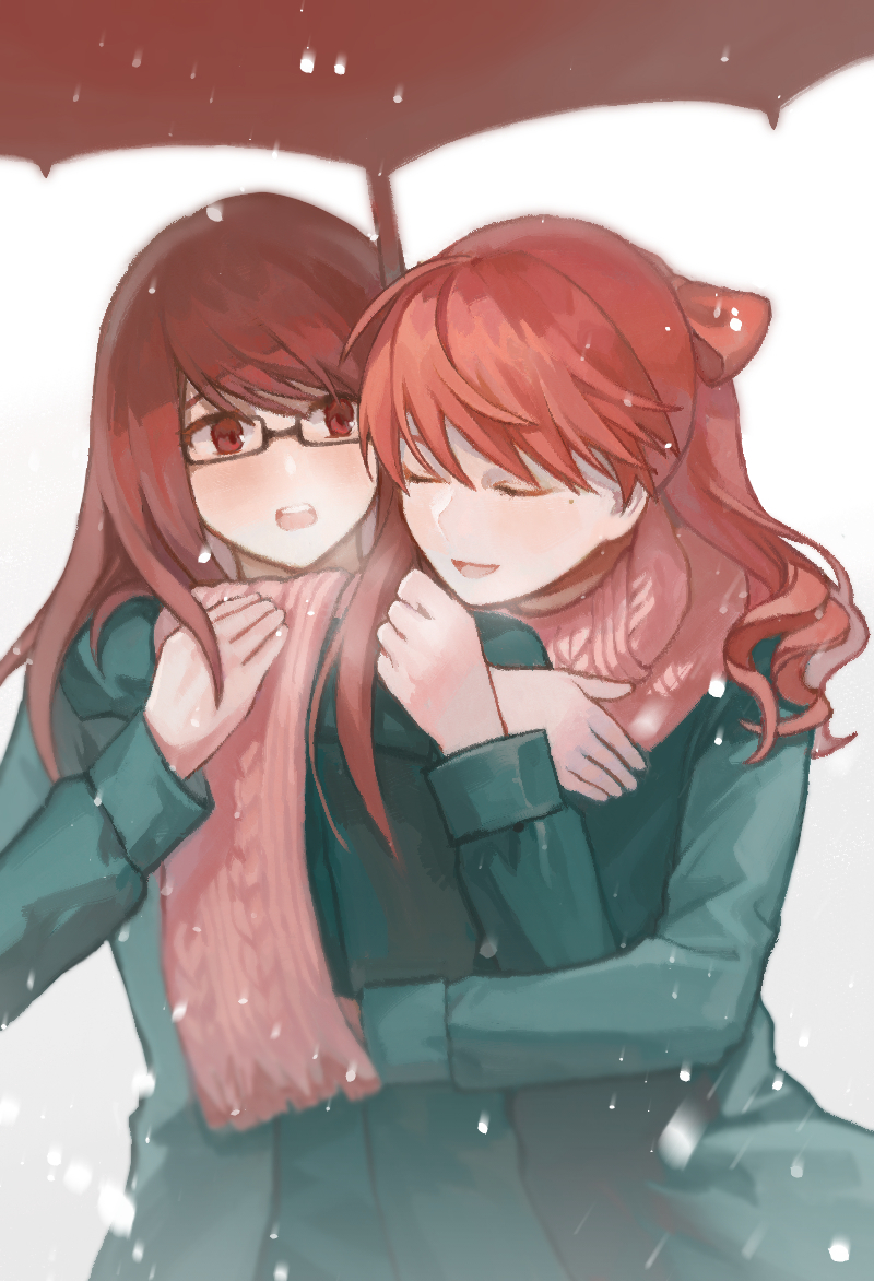 2girls :o bow breath closed_eyes coat glasses green_coat hair_bow holding holding_umbrella hug hug_from_behind long_hair long_sleeves looking_at_another mole mole_under_eye multiple_girls open_mouth persona persona_5 persona_5_the_royal pink_scarf ponytail rectangular_eyewear red_bow red_eyes redhead scarf siblings simple_background sisters smile snowing teeth u_u umbrella upper_body upper_teeth_only user_onekestrel white_background yoshizawa_kasumi's_sister yoshizawa_sumire