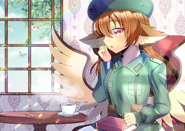 1girl animal animal_ear_fluff animal_ears beret blush book breasts brown_hair bug butterfly collared_shirt commentary_request commission cup dress_shirt feathered_wings green_headwear green_shirt hair_between_eyes hand_up hat indoors kou_hiyoyo long_sleeves medium_breasts original parted_lips puffy_long_sleeves puffy_sleeves red_eyes saucer shirt sitting skeb_commission solo table white_wings window wings