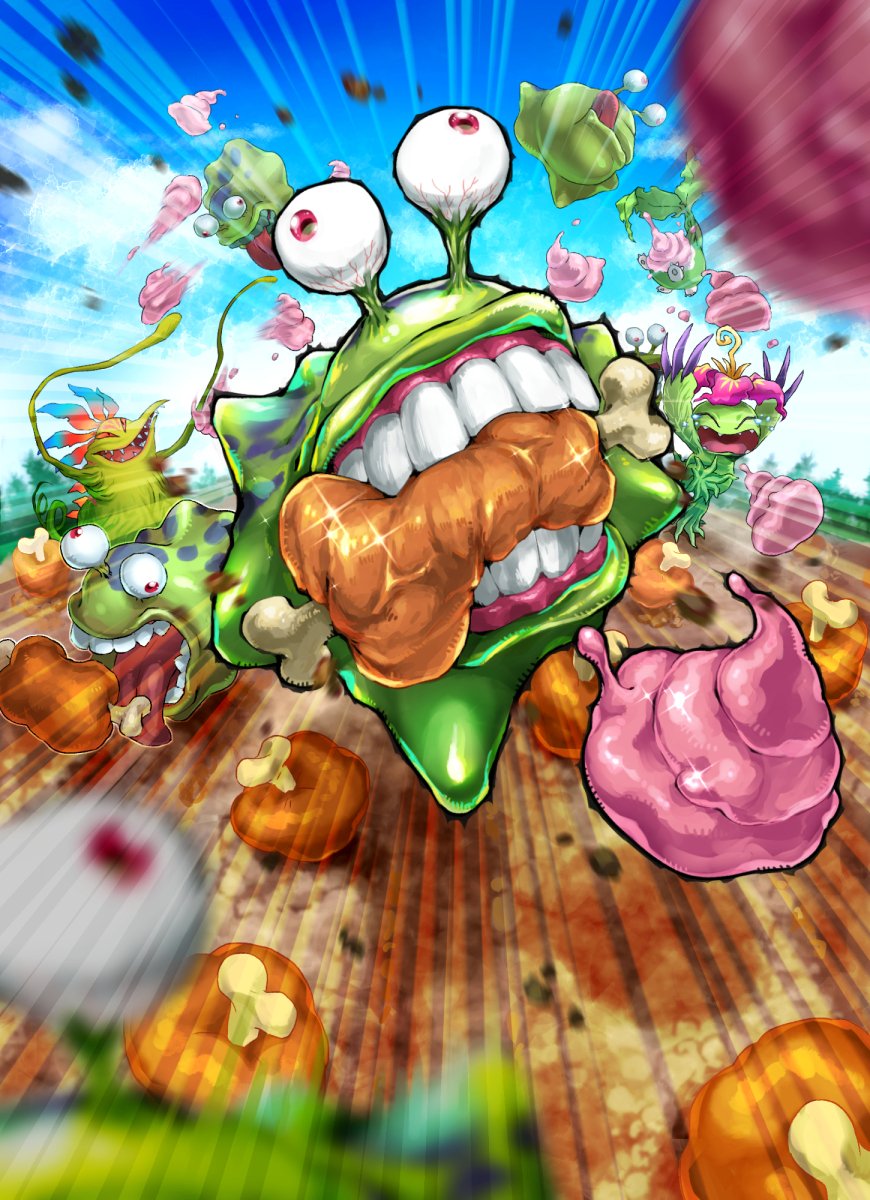 blue_sky clouds day digimon digimon_(creature) eating flower food highres meat no_humans numemon oden_(odenzzi) open_mouth outdoors palmon petals sharp_teeth sky teeth tongue tongue_out vegimon