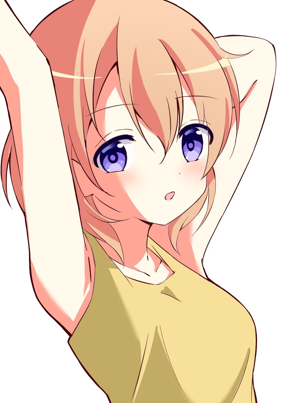 1girl arms_up bare_arms bare_shoulders breasts collarbone gochuumon_wa_usagi_desu_ka? hair_between_eyes highres hoto_cocoa looking_at_viewer medium_breasts medium_hair open_mouth orange_hair shirt simple_background sleeveless sleeveless_shirt solo spesium_zeperion violet_eyes white_background