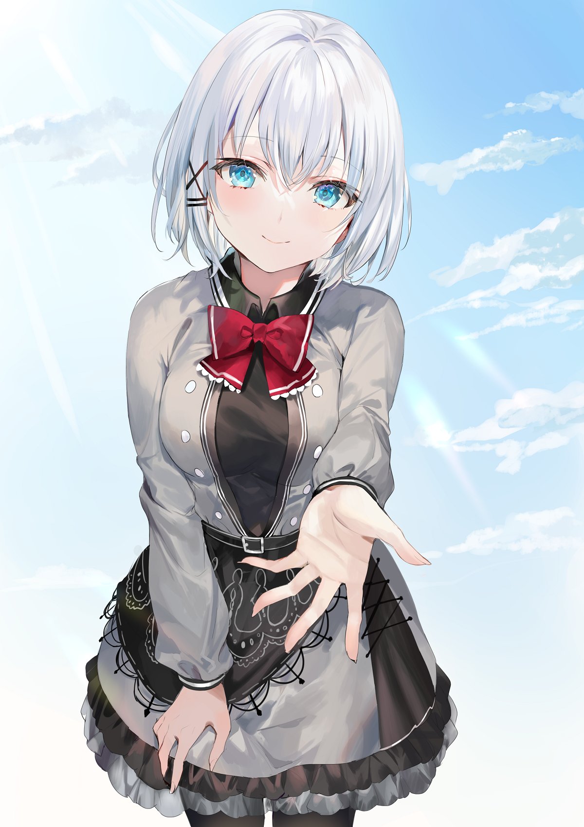 1girl belt_buckle black_shirt black_skirt black_thighhighs blue_eyes blue_sky bow bowtie breasts buckle closed_mouth grey_jacket grey_skirt hair_between_eyes hair_ornament highres jacket large_breasts layered_skirt leaning_forward light_rays light_smile looking_at_viewer momoko_(momopoco) outstretched_arm reaching red_bow red_bowtie shirt short_hair siesta_(tantei_wa_mou_shindeiru) skirt sky solo sunbeam sunlight thigh-highs white_hair x_hair_ornament