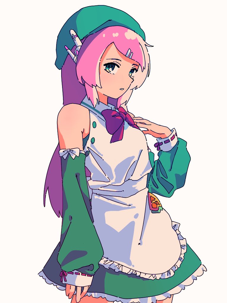 1girl apron arm_at_side bare_shoulders beret bow bowtie collared_dress cowboy_shot detached_sleeves dress green_dress green_headwear green_sleeves hair_ornament hairclip hand_on_own_chest hand_up hat long_hair long_sleeves looking_at_viewer momone_momo parted_lips pink_hair red_bow red_bowtie robot_ears sakadakei simple_background sleeveless sleeveless_dress sleeves_past_wrists solo standing swept_bangs utau white_apron white_background