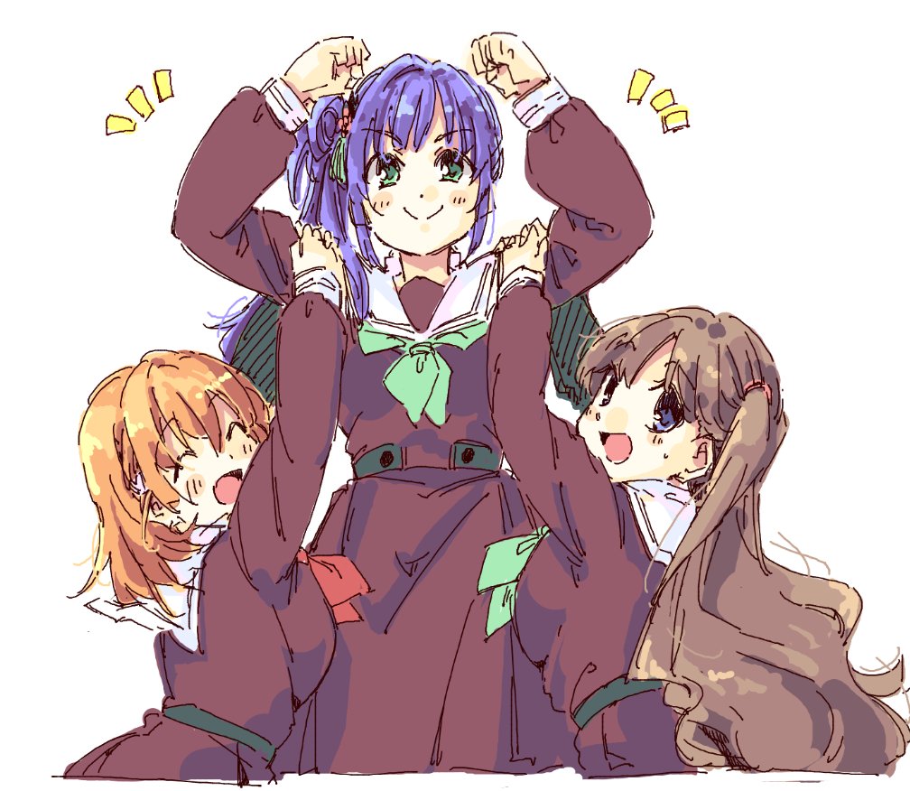 &gt;:) 3girls :d ^_^ aqua_neckerchief breasts brown_dress brown_hair clenched_hands closed_eyes cropped_torso double_biceps_pose dress emphasis_lines facing_viewer flexing flower fujishima_megumi green_eyes hair_bun hair_flower hair_ornament hands_on_another's_arm hasu_no_sora_school_uniform hinoshita_kaho large_breasts light_blush link!_like!_love_live! long_hair long_sleeves looking_at_viewer love_live! medium_breasts medium_hair multiple_girls neckerchief open_mouth orange_hair otomune_kozue pleated_dress purple_hair red_neckerchief sailor_collar sailor_dress school_uniform side_ahoge side_ponytail sidelocks simple_background single_side_bun small_sweatdrop smile takatsuki_tsukasa two_side_up upper_body v-shaped_eyebrows violet_eyes white_background white_sailor_collar winter_uniform