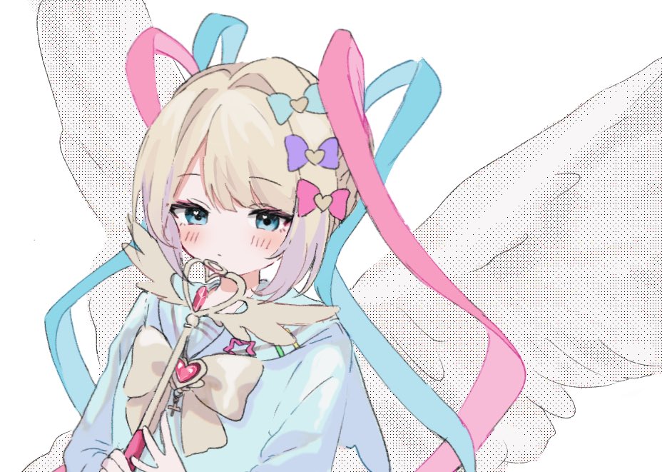 1girl blonde_hair blue_bow blue_eyes blue_hair blue_shirt blush bow chouzetsusaikawa_tenshi-chan closed_mouth feathered_wings hair_bow hair_ornament heart heart_hair_ornament holding holding_wand kabe_(zp66104) long_hair long_sleeves looking_at_viewer multicolored_hair needy_girl_overdose pink_bow pink_hair purple_bow quad_tails shirt simple_background solo upper_body wand white_background white_wings wings yellow_bow
