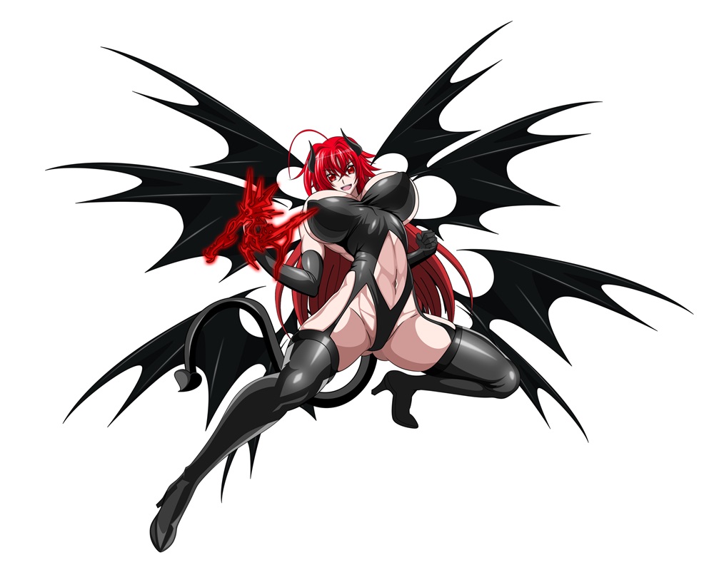 1girl ahoge breasts demon_horns demon_tail demon_wings high_school_dxd horns huge_ahoge large_breasts long_hair looking_at_viewer multiple_wings navel open_mouth red_eyes redhead rias_gremory smile solo tail thigh-highs very_long_hair wings yxyyxy