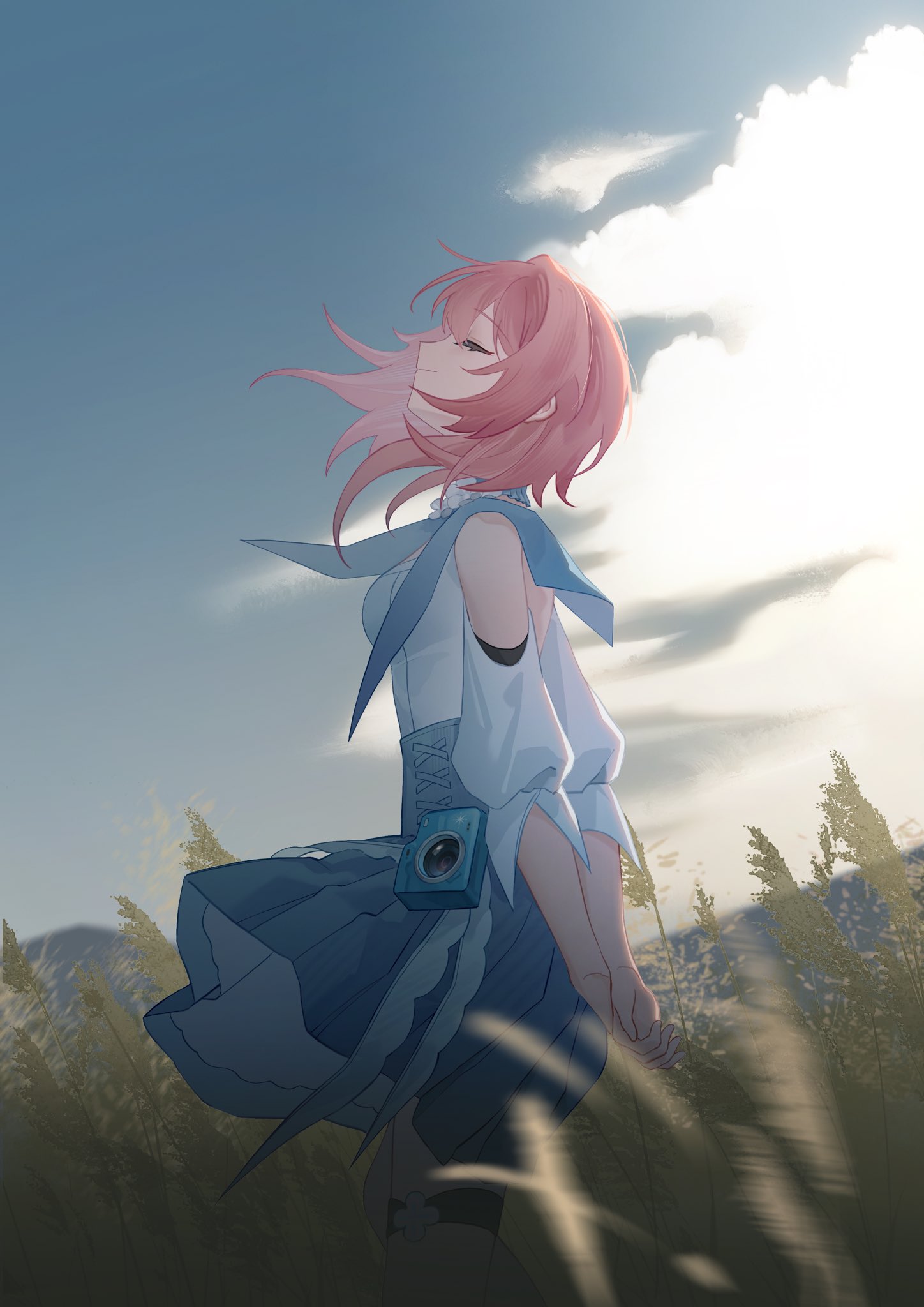 1girl arms_behind_back blue_skirt breasts camera closed_eyes closed_mouth clouds cloudy_sky day detached_sleeves feet_out_of_frame from_side hair_intakes hashtag_only_commentary highres honkai:_star_rail honkai_(series) light_smile march_7th_(honkai:_star_rail) medium_hair outdoors own_hands_together photo-referenced pink_hair profile qi_ming_pi_tu shirt sidelocks skirt sky small_breasts solo standing thigh_strap wheat_field white_shirt white_sleeves wind