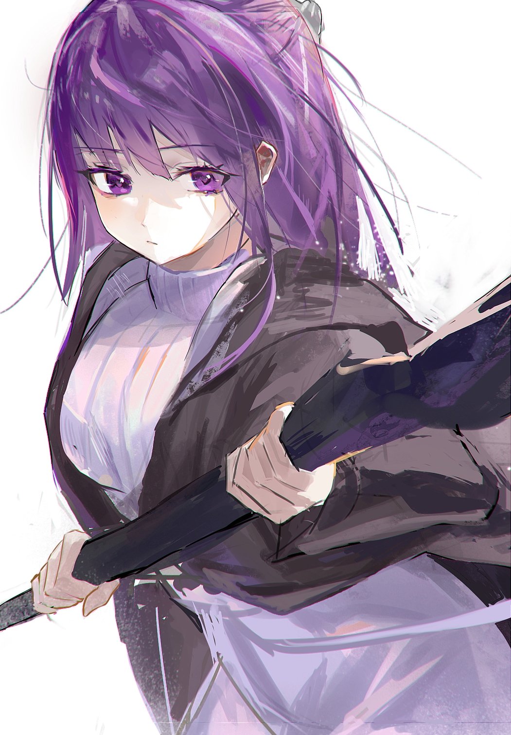 1girl black_coat closed_mouth coat commentary cowboy_shot dress expressionless fern_(sousou_no_frieren) hands_up highres holding holding_staff hood hood_down hooded_coat long_dress long_hair long_sleeves looking_at_viewer mage_staff nimiru_namire purple_hair sidelocks simple_background solo sousou_no_frieren staff standing violet_eyes white_background white_dress wooden_staff