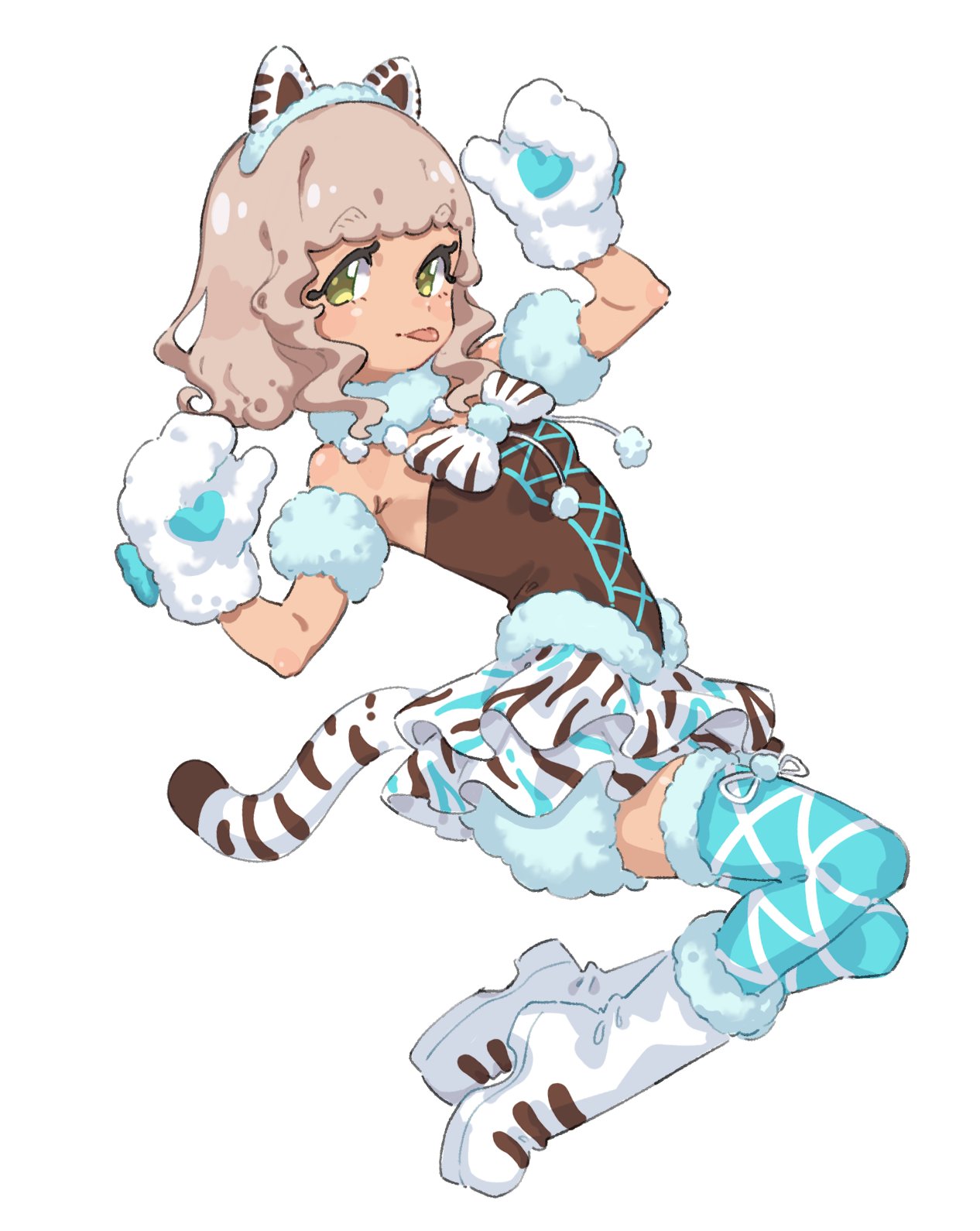 1girl :p animal_ear_hairband animal_ears animal_hands animal_print blue_thighhighs boots bow breasts brown_hair brown_shirt cat_ear_hairband cat_ears dark-skinned_female dark_skin detached_sleeves fake_animal_ears fugota6509 full_body fur-trimmed_boots fur-trimmed_thighhighs fur_collar fur_trim gloves hairband hands_up highres idol_clothes looking_at_viewer paw_gloves pom_pom_(clothes) pretty_series pripara shirt short_hair simple_background skirt small_breasts smile solo tail taiyo_pepper thigh-highs tiger_print tongue tongue_out white_background white_bow white_footwear white_skirt