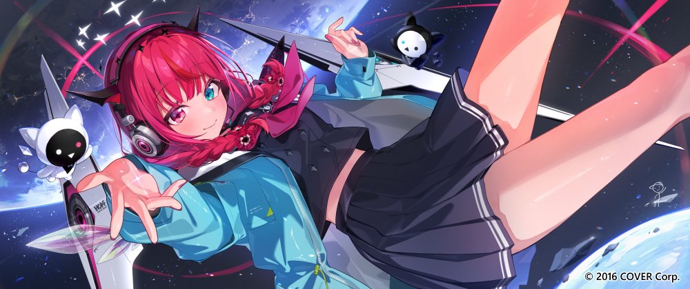 1girl aqua_jacket black_shirt black_skirt bloom_(irys) blue_jacket braid double_halo earth_(planet) feet_out_of_frame gloom_(irys) guyrys halo hololive hololive_english irys_(gaming_casual)_(hololive) irys_(hololive) jacket mechanical_wings medium_hair moon multicolored_hair open_clothes open_jacket outstretched_arm pisuke_wan planet purple_hair redhead shirt skirt space star_halo twin_braids twintails wings