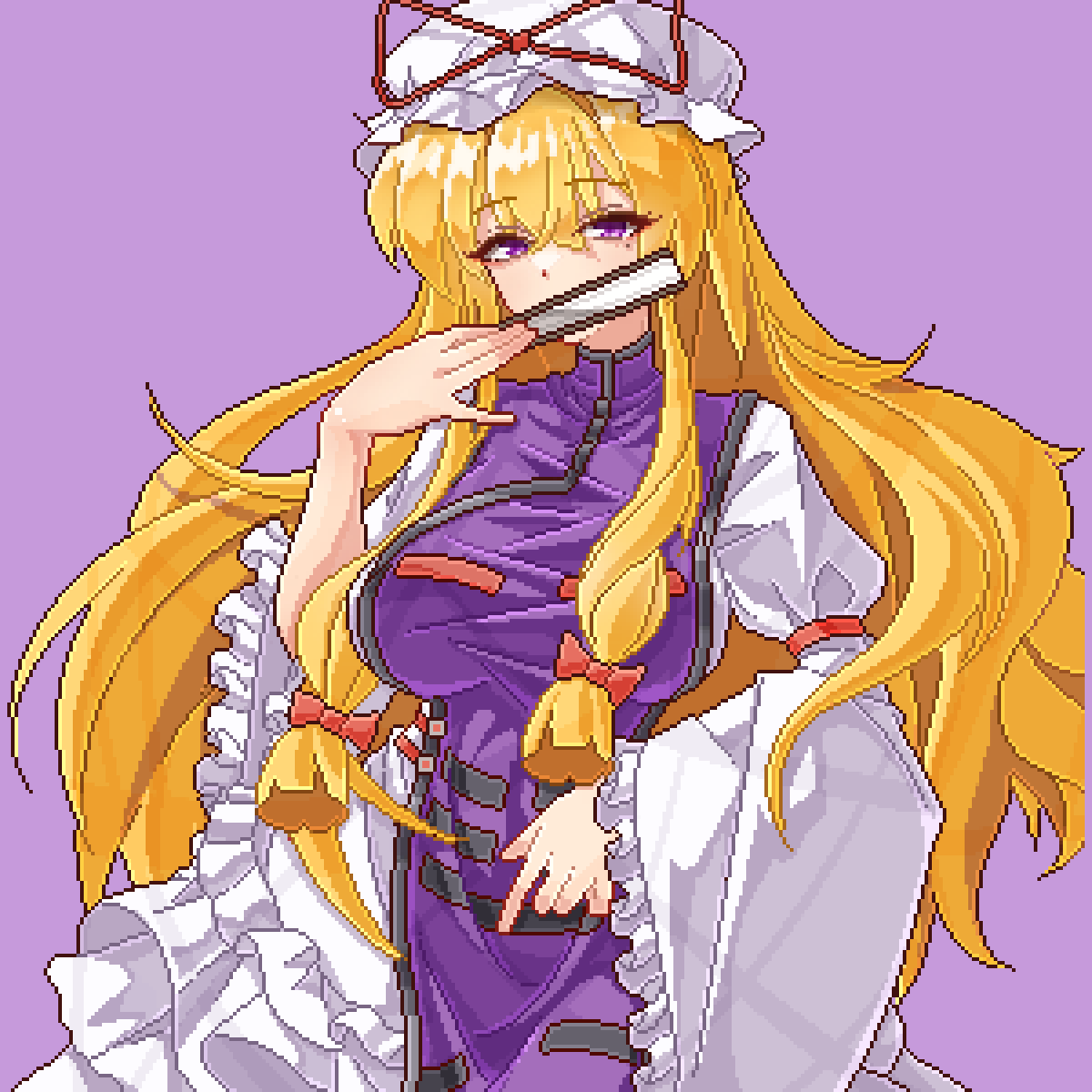 1girl blonde_hair bow breasts dress eaglov fan_to_mouth frilled_sleeves frills hand_fan hat highres holding holding_fan large_breasts long_hair long_sleeves mob_cap mole mole_under_eye pink_background pixel_art purple_dress red_bow sidelocks touhou very_long_hair violet_eyes white_dress wide_sleeves yakumo_yukari
