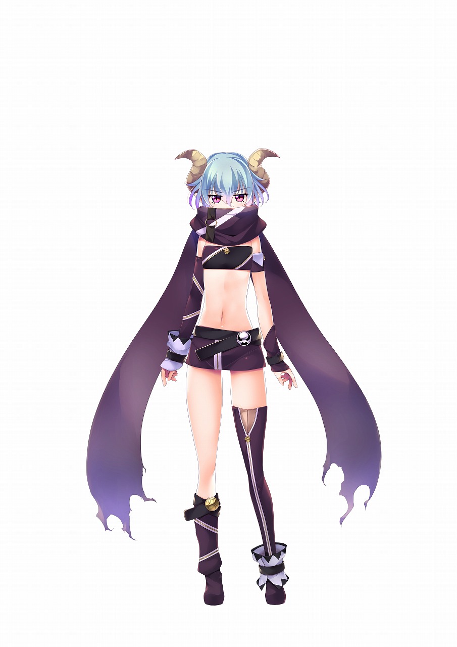 1girl atelier-moo belt blue_hair breasts covering_own_mouth detached_sleeves full_body hair_between_eyes highres horns jitome navel our_battle_has_just_begun! purple_thighhighs red_eyes robin(our_battle_has_just_begun!) scarf short_hair short_shorts shorts simple_background small_breasts solo standing thigh-highs thighs