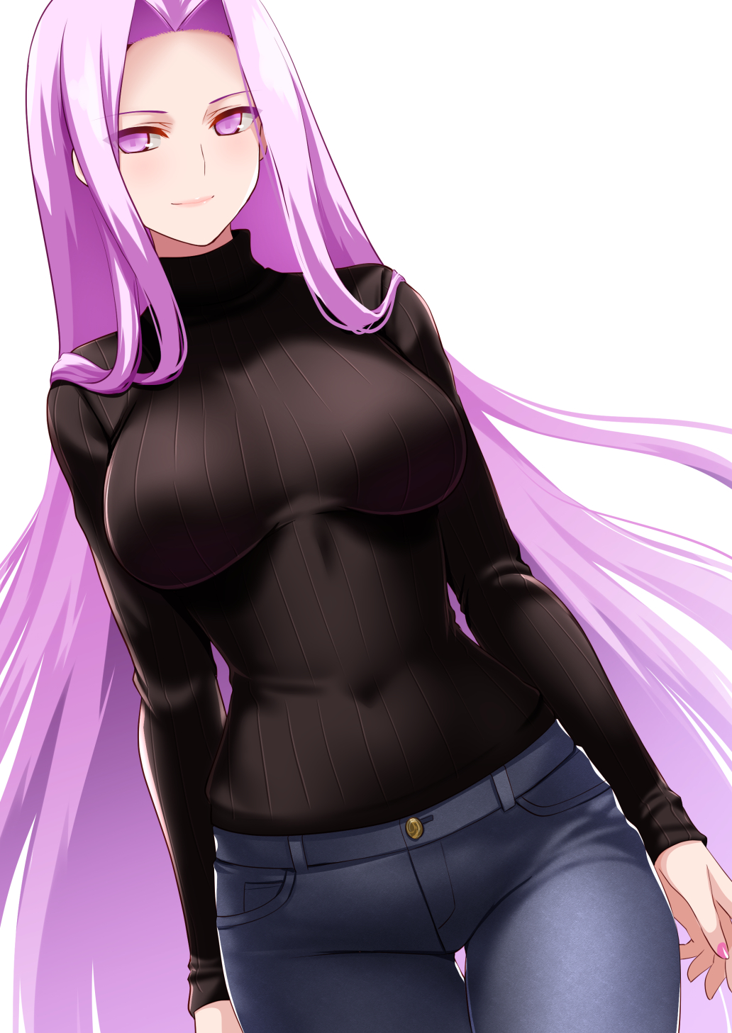 1girl black_sweater blue_pants breasts closed_mouth collared_shirt covered_navel cowboy_shot denim engo_(aquawatery) fate/stay_night fate_(series) heaven's_feel highres impossible_clothes impossible_sweater jeans large_breasts long_hair long_sleeves looking_at_viewer medusa_(fate) medusa_(rider)_(fate) nail_polish official_alternate_costume pants pink_eyes pink_hair pink_nails ribbed_sweater shirt simple_background smile solo sweater turtleneck turtleneck_sweater very_long_hair white_background