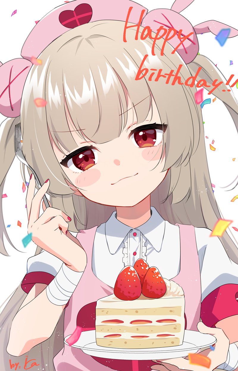 1girl apron bandaged_arm bandages blush cake closed_mouth confetti dress food fruit grey_hair hair_ornament happy_birthday hat highres ica long_hair looking_at_viewer nail_polish natori_sana nurse_cap pink_apron pink_headwear rabbit_hair_ornament red_eyes red_nails sana_channel short_sleeves simple_background smile solo strawberry two_side_up upper_body virtual_youtuber white_background white_dress