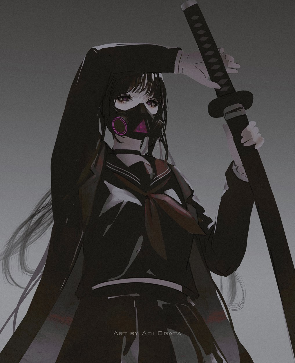 1girl aoi_ogata arm_up artist_name black_eyes black_hair black_jacket black_sailor_collar black_serafuku black_shirt black_skirt clip_studio_paint_(medium) commentary english_commentary gradient_background grey_background hand_up hate-chan highres holding holding_sheath holding_sword holding_weapon jacket long_hair long_sleeves looking_at_viewer neckerchief open_clothes open_jacket original pleated_skirt red_neckerchief respirator sailor_collar school_uniform serafuku sheath sheathed shirt skirt solo sword very_long_hair weapon