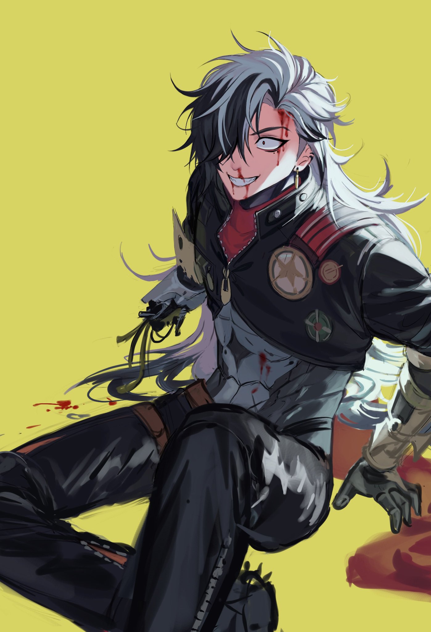 1boy black_hair blood blood_on_face boothill_(honkai:_star_rail) earrings gaechu grin hair_over_one_eye highres honkai:_star_rail honkai_(series) jewelry long_hair male_focus multicolored_hair on_ground pants smile solo split-color_hair white_hair wide-eyed yellow_background