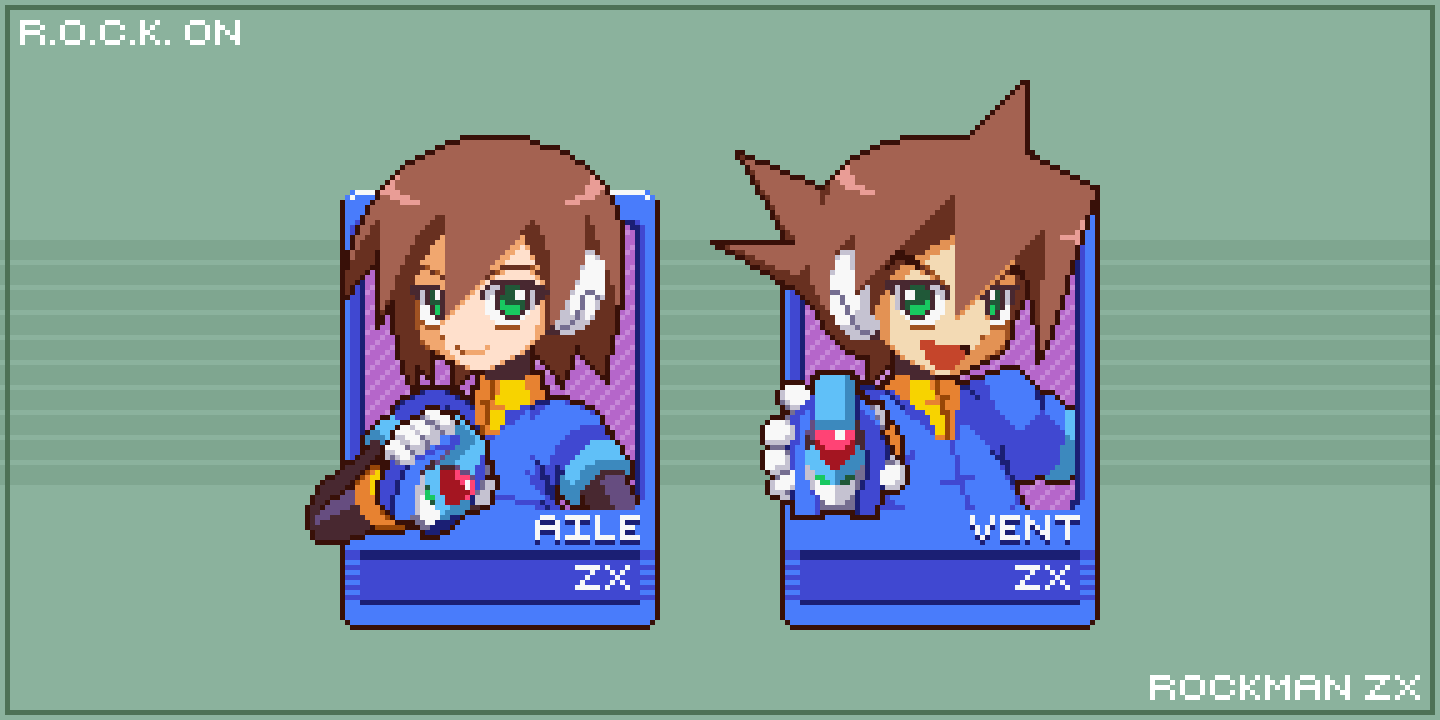 1girl aile_(mega_man_zx) biometal blue_jacket brown_hair character_name closed_mouth copyright_name cropped_jacket green_eyes henshin_pose holding jacket mega_man_(series) mega_man_zx model_x_(mega_man) nghtmrsrph open_mouth pixel_art robot_ears spiky_hair upper_body vent_(mega_man)