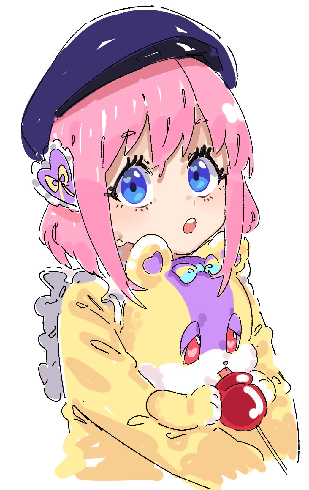 1girl :o amauri_miruki beret blue_eyes candy_apple eating flower food fugota6509 hair_ornament hanitan hanitan_(bear) hat heart heart_hair_ornament highres holding holding_food holding_stuffed_toy long_sleeves looking_at_viewer open_mouth pink_hair pretty_series purple_headwear rose shirt short_hair simple_background solo stuffed_animal stuffed_toy teddy_bear upper_body waccha_primagi! white_background yellow_flower yellow_rose yellow_shirt