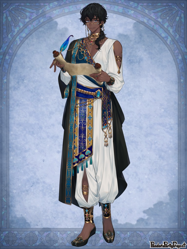 1boy arabian_clothes arm_out_of_sleeve armlet black_coat black_footwear black_hair blue_eyes blue_gemstone blue_sash clothing_cutout coat crescent crescent_earrings dark-skinned_male dark_skin earrings flats full_body gem gold_collar gold_necklace hair_between_eyes hair_over_shoulder holding holding_quill holding_scroll jewelry long_sleeves looking_at_viewer low_ponytail male_focus medium_hair mismatched_earrings multiple_rings necklace oriti4 pandora_party_project pants parted_lips plunging_neckline quill ring sash scroll shirt shoulder_cutout smile standing white_pants white_shirt