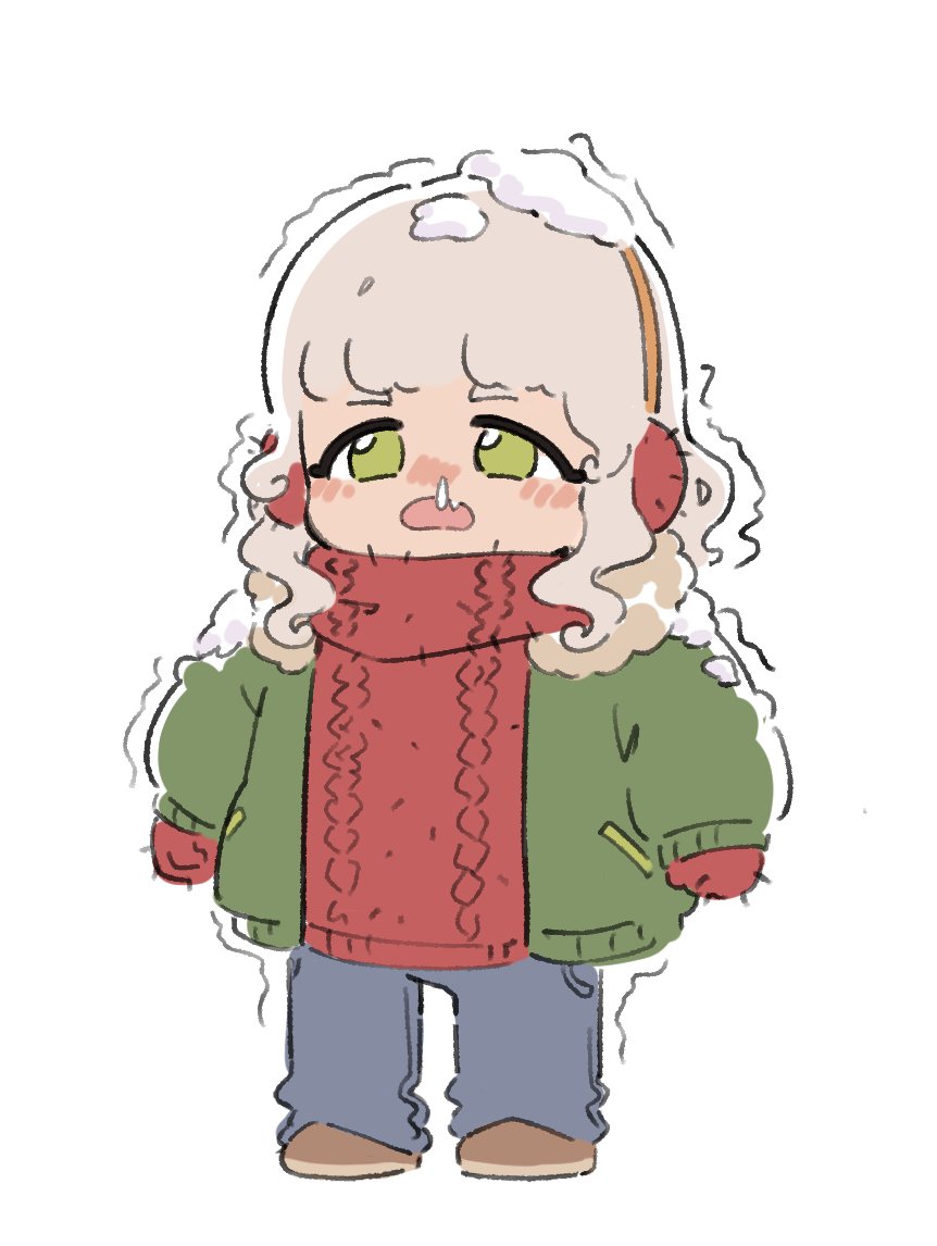 1girl brown_footwear brown_hair cold earmuffs frown fugota6509 full_body green_eyes green_jacket grey_pants jacket long_sleeves looking_at_viewer mittens nose_bubble open_clothes open_jacket open_mouth pants pretty_series pripara red_mittens red_sweater shoes short_hair simple_background snow_on_body snow_on_head solo standing sweater taiyo_pepper trembling white_background winter_clothes