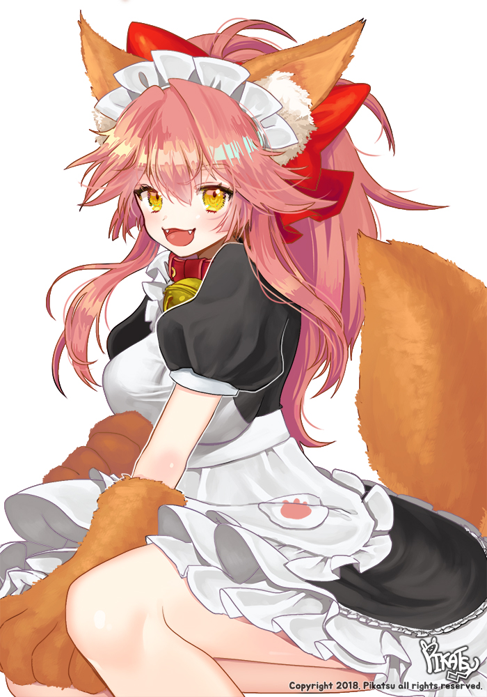 1girl :d animal_collar animal_ears animal_hands apron bell black_dress bow breasts collar commentary copyright_notice dress fangs fate/grand_order fate_(series) fox_ears fox_tail frilled_dress frills gloves hair_between_eyes hair_bow long_hair looking_at_viewer maid maid_apron maid_headdress neck_bell on_ground open_mouth paw_gloves pikatsu pink_hair puffy_short_sleeves puffy_sleeves red_bow red_collar short_sleeves signature simple_background smile solo symbol-only_commentary tail tamamo_(fate) tamamo_cat_(fate) tamamo_cat_(second_ascension)_(fate) white_apron white_background yellow_eyes