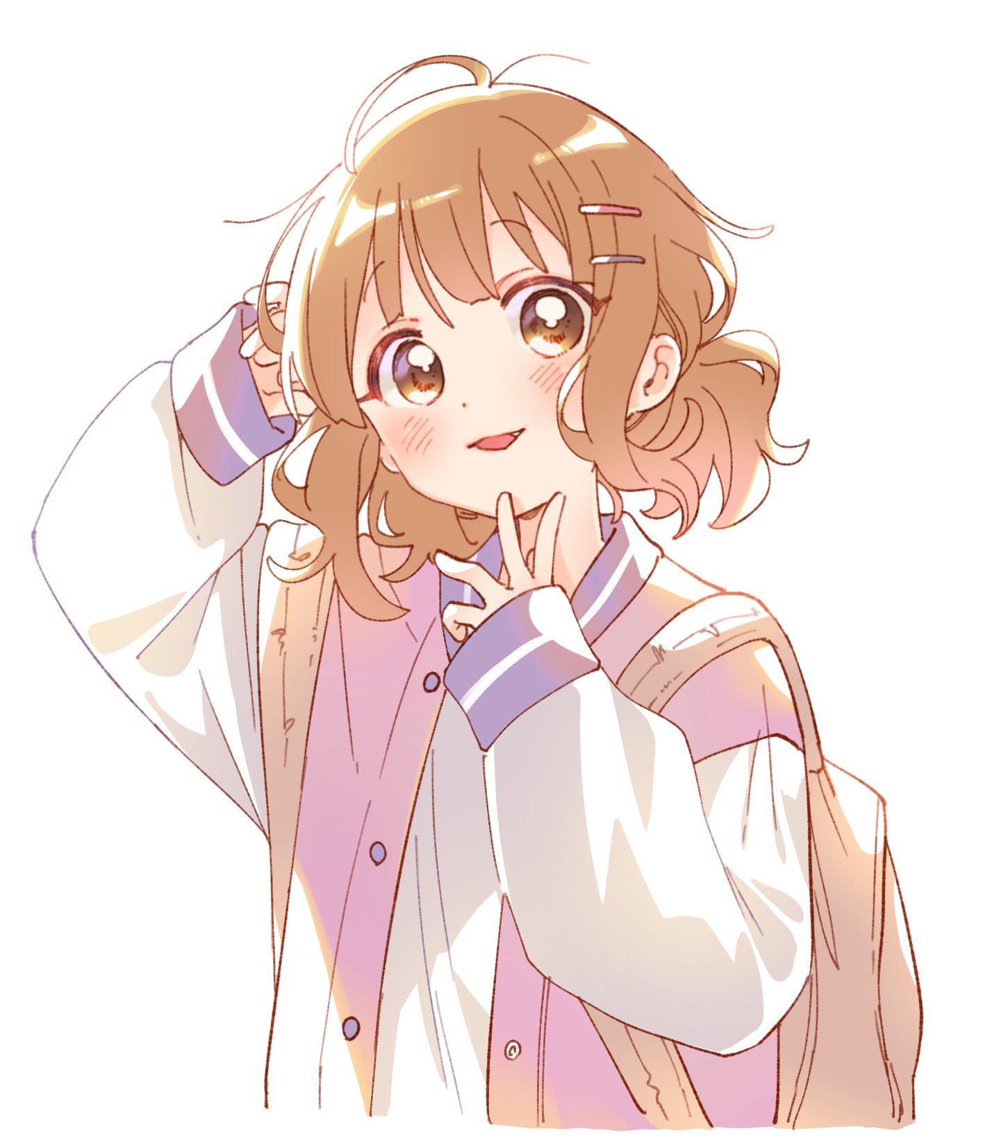 1girl backlighting backpack bag blush brown_bag brown_eyes buttons fang hair_ornament hairclip hand_in_own_hair hand_on_own_chin highres jacket light_brown_hair long_sleeves looking_at_viewer multicolored_clothes multicolored_jacket namori oomuro-ke oomuro_sakurako open_mouth puffy_sleeves purple_jacket shirt simple_background smile solo upper_body wavy_hair white_background white_jacket white_shirt yuru_yuri