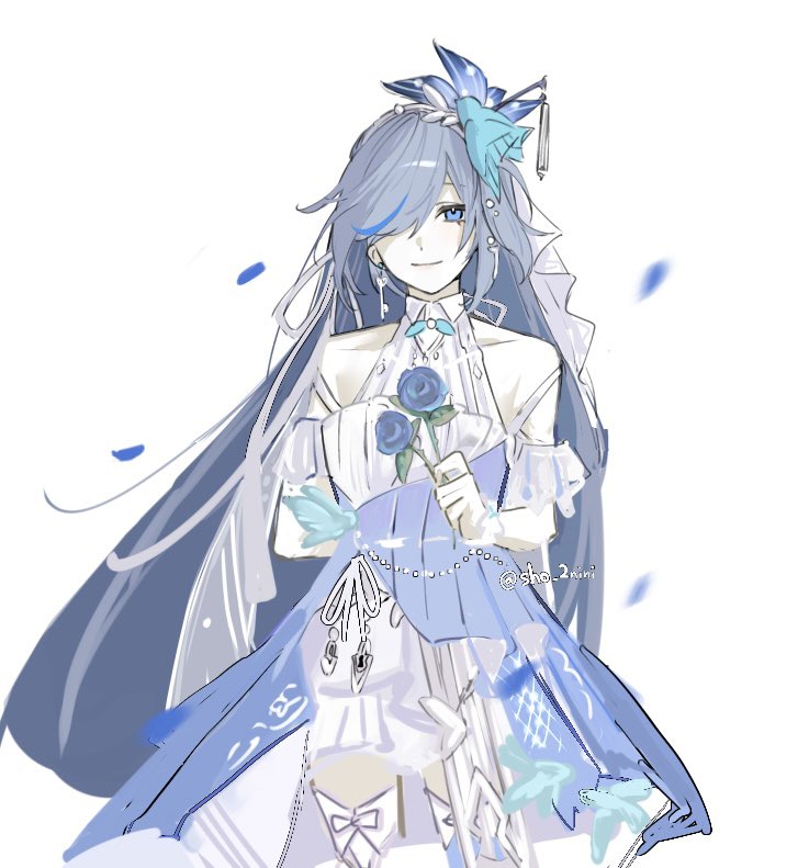 1girl artist_name bare_shoulders bird bird_hair_ornament blue_bird blue_eyes blue_flower blue_hair bow closed_mouth dress earrings flower fu_hua fu_hua_(azure_empyrea) fu_hua_(cerulean_court) grey_hair hair_bow hair_ornament hair_over_one_eye halter_dress halterneck holding holding_flower honkai_(series) honkai_impact_3rd jewelry long_hair looking_at_viewer multicolored_clothes multicolored_dress official_alternate_costume sho_2nini simple_background single_earring sleeveless sleeveless_dress smile solo thigh-highs thigh_bow wedding_dress white_background white_bow white_dress white_thighhighs