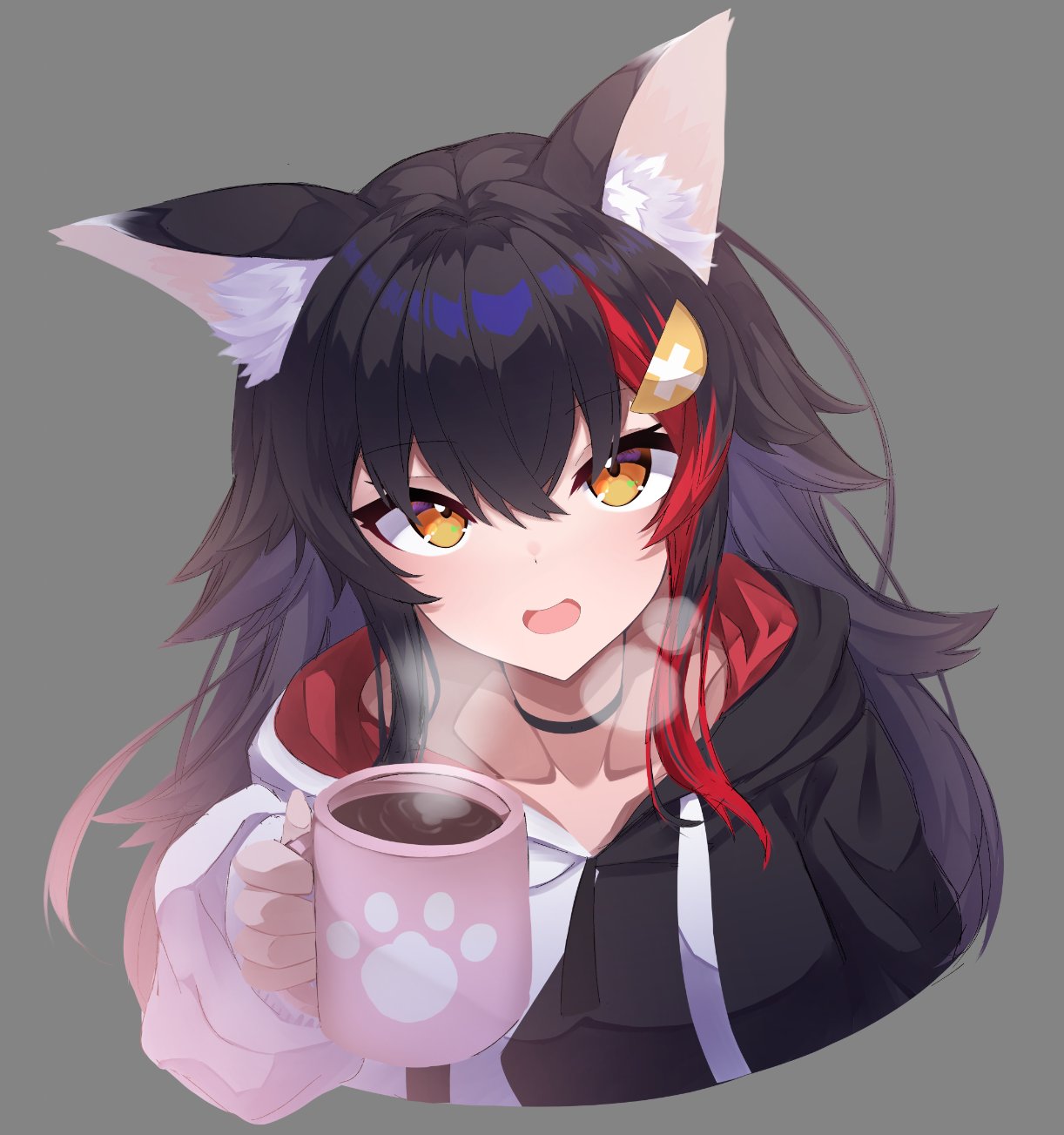 1girl animal_ear_fluff animal_ears black_choker black_hair black_hoodie choker coffee coffee_mug collarbone commentary_request cup drawstring flipped_hair grey_background hair_between_eyes hair_ornament hairclip highres holding holding_cup hololive hood hoodie long_hair long_sleeves looking_at_viewer mug multicolored_hair nijihasisiduki official_alternate_costume ookami_mio ookami_mio_(3rd_costume) open_mouth redhead sidelocks simple_background solo spiky_hair steam streaked_hair two-tone_hoodie upper_body virtual_youtuber white_hoodie wolf_ears wolf_girl yellow_eyes